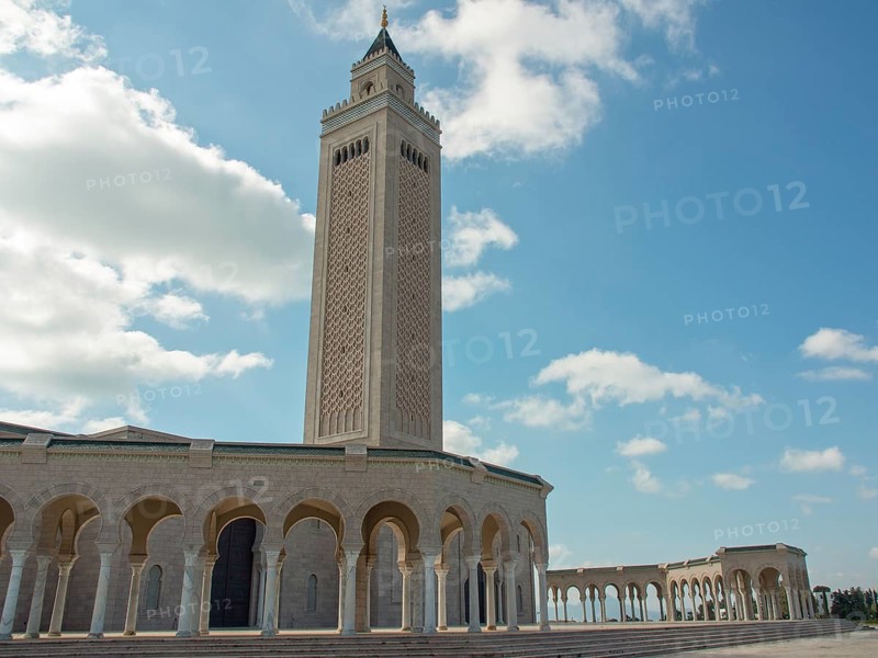 Large mosque with high minaret and arches under a cloudy sky, Tunis in Africa with ruins from Roman times, modern mosques and blue and white houses in sidi-bou-said, Tunis, Tunisia, Africa