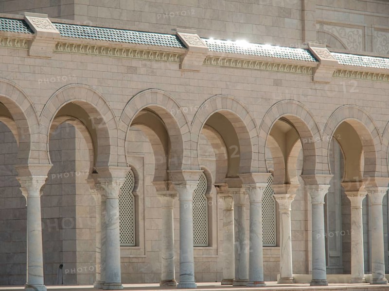 A sun-drenched building with marble columns and arcades that hints at historical significance, Tunis in Africa with ruins from Roman times, modern mosques and blue and white houses in sidi-bou-said, Tunis, Tunisia, Africa