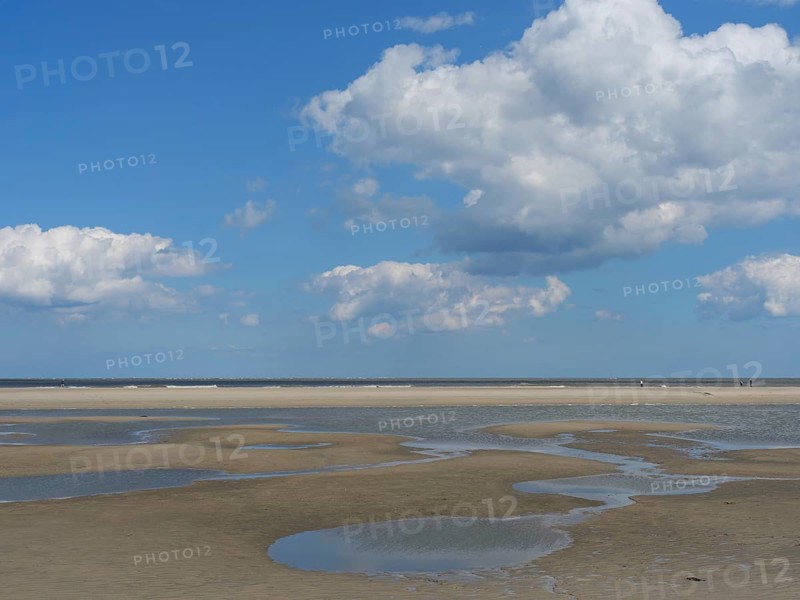 Beach landscape with puddles on the sand, blue sky and white clouds, Baltrum Germany