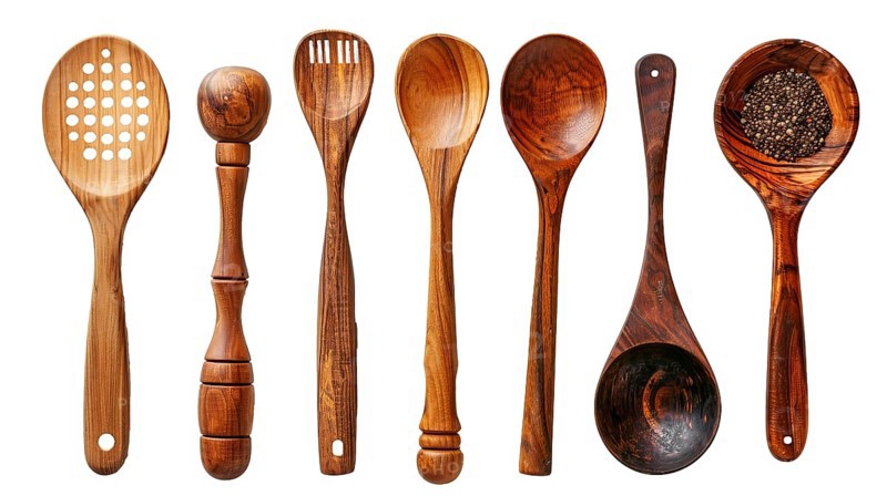 Seven wooden kitchen utensils including spoons, spatulas, and ladles, arranged in a row against a white background, AI generated