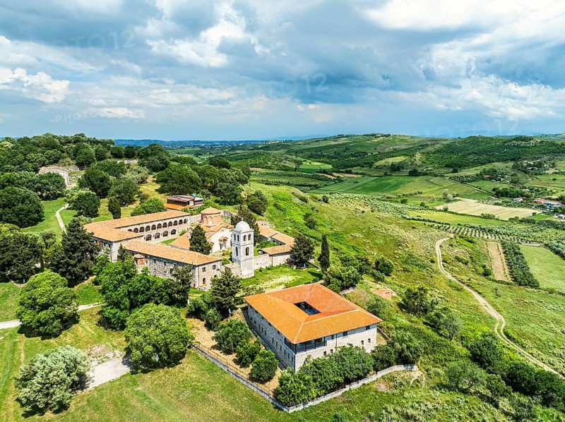 Apollonia Archaeological Park from a drone, Pojan, Albania, Europe