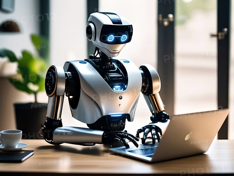 Android, robot writing on a laptop in the home office, symbolic image artificial intelligence replaces human labour, AI generated, AI generiert, AI generated