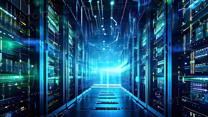 Server racks aligned in rows within a cloud computing data center background and data streams flowing, AI generated