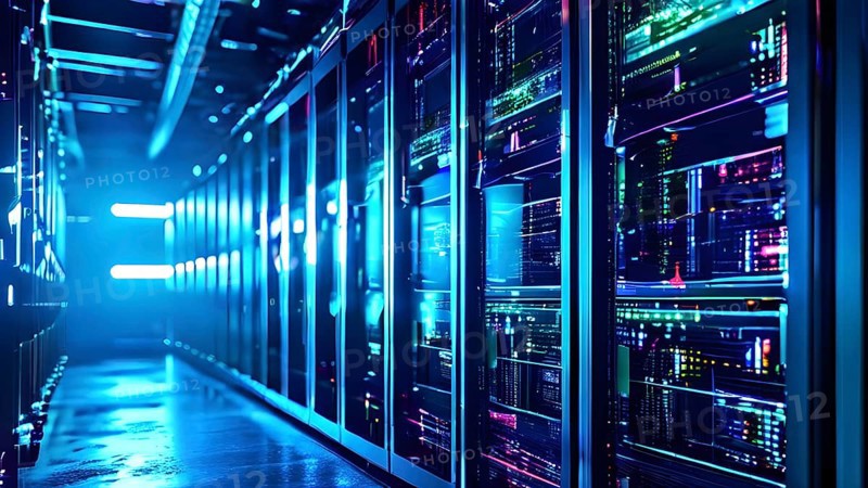 Server racks aligned in rows within a cloud computing data center background and data streams flowing, AI generated