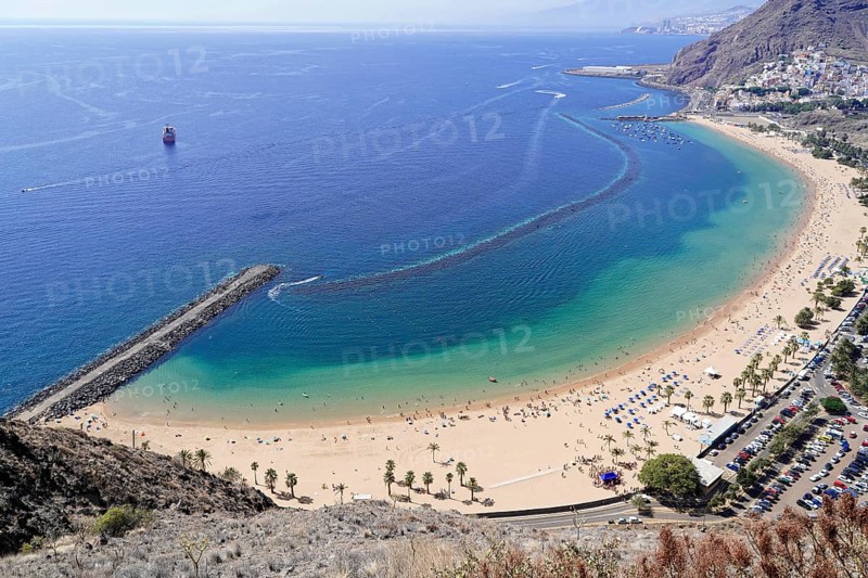 Sandy beach beach Playa de Las Teresitas, near San Andres, Tenerife, Canary Islands, Spain, Europe, panoramic view of a beach with clear blue water and palm trees, ideal holiday destination, Europe