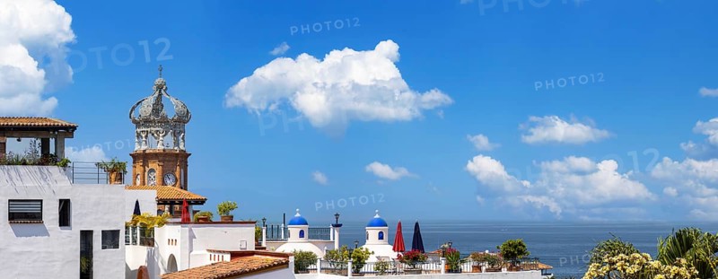 Mexico, panoramic view of Puerto Vallarta near sea promenade Malecon, beaches and historic center, Central America