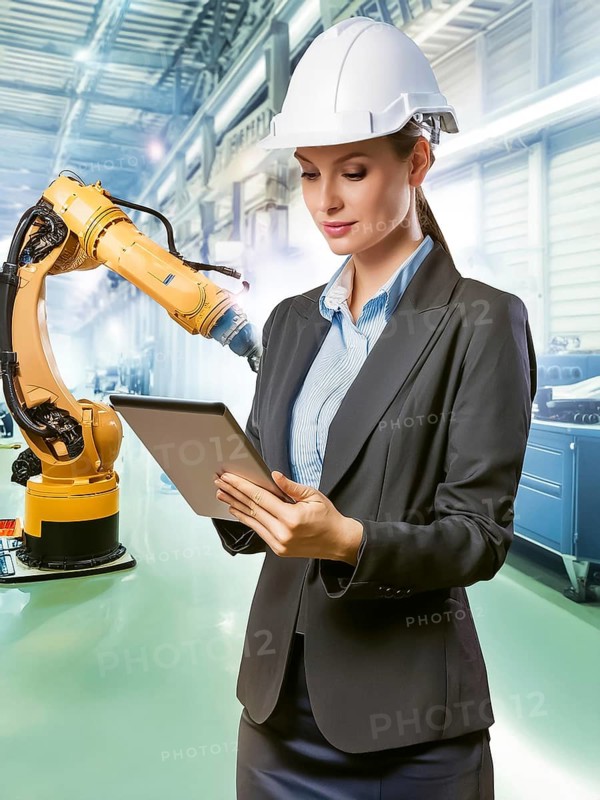 Industrial engineer with tablet control, automation of robotic arms, intelligent monitoring, AI generated, AI generated