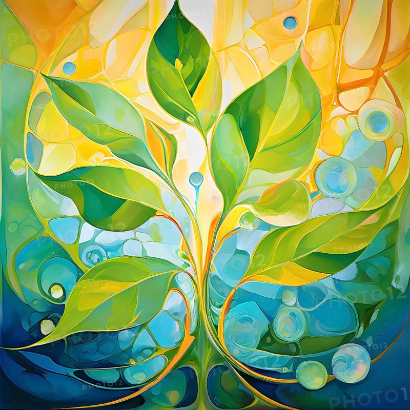 Abstract digital painting embodying sustainability with intertwining leaves glisten with water droplets, AI generated