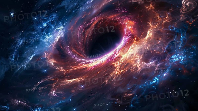A vibrant black hole in deep space, swirling with ethereal hues of pink, purple, and blue amid a galaxy of stars, AI generated