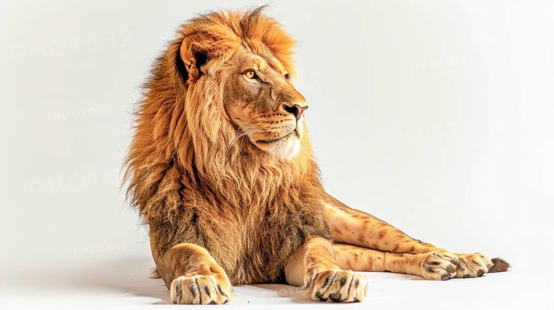 A single majestic lion lying down, gazing to the right, exuding grace and strength against a white background, AI generated