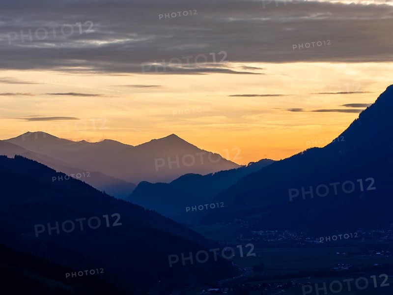 Sunset after sunset, in the Liesingtal the village Traboch, view from the lowland, Leoben, Styria, Austria, Europe
