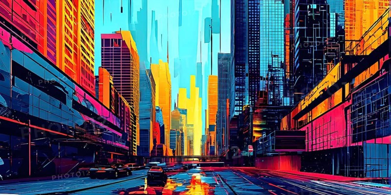 Urban cityscape collage featuring a mosaic of vibrant colors, AI generated