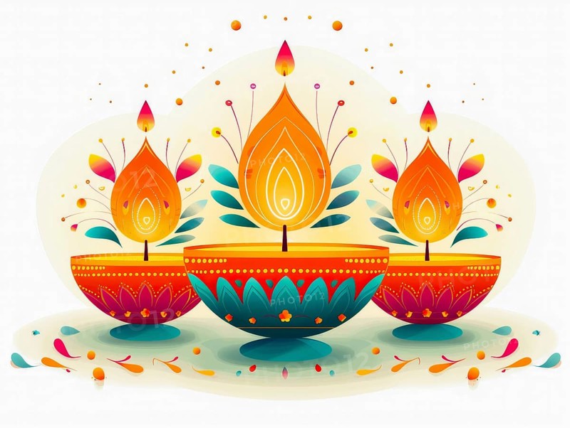 Three colorful oil lamps in detailed mandala designs with vibrant, glowing flames, AI generated