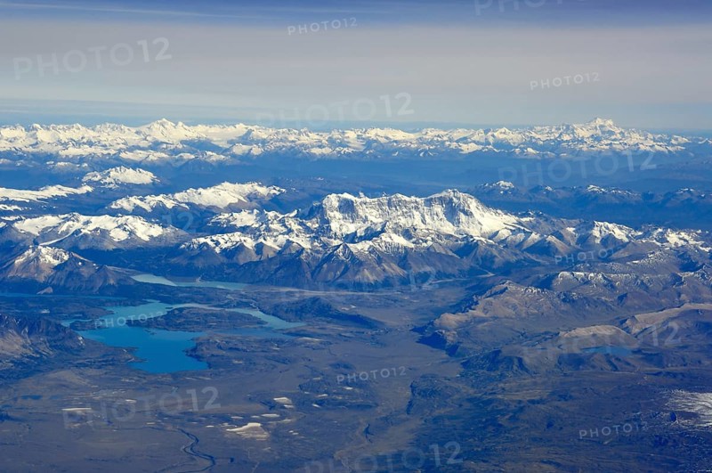 Aerial view of the snow-covered Andes of Patagonia, in the foreground Cerro San Lorenzo with Perito Moreno National Park, in the background the northern Patagonian ice field with Monte San Valentin on the right, Argentina, Chile, South America