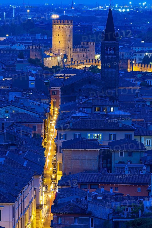 View of the illuminated Castelvecchio castle and the church of San Lorenzo, Verona, Veneto, Italy, Europe
