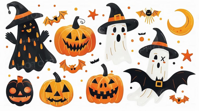 Halloween-themed illustrations with pumpkins, ghosts, bats, and witches' hats in orange and black, AI generated
