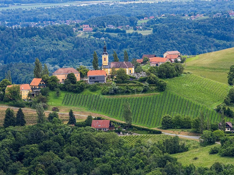 Church in a hilly landscape, vineyards, view from the Demmerkogel lookout point, St. Andrae-Hoech, Sausal wine country, Styria, Austria, Europe