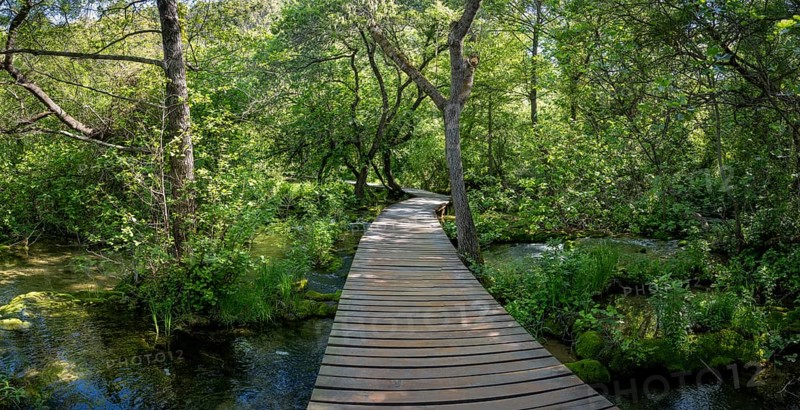 Wooden footbridge in Krka National Park, Krka Waterfalls, Dalmatia, Croatia, Europe