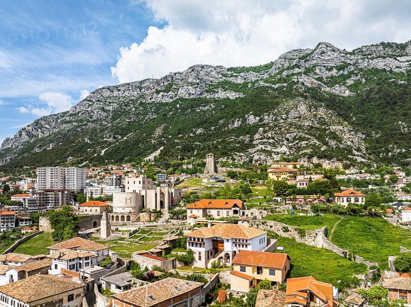 Kruje and Mount Kruje from a drone, Ishem River, Albania, Europe