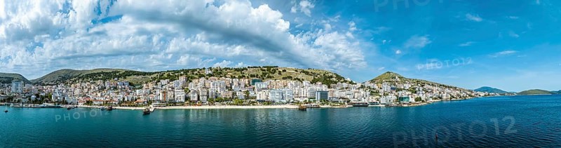 Panorama of Saranda from a drone, Albanian Riviera, Albania, Europe