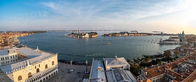 Panorama, evening mood, Doge's Palace and St Mark's Square, Isola di San Giorgio Maggiore with San Giorgio Maggiore church and Guidecca island, view from the Campanile di San Marco bell tower, city view of Venice, Veneto, Italy, Europe