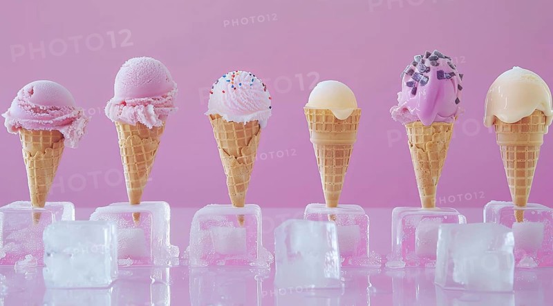 A row of ice cream cones with different flavors, AI generated