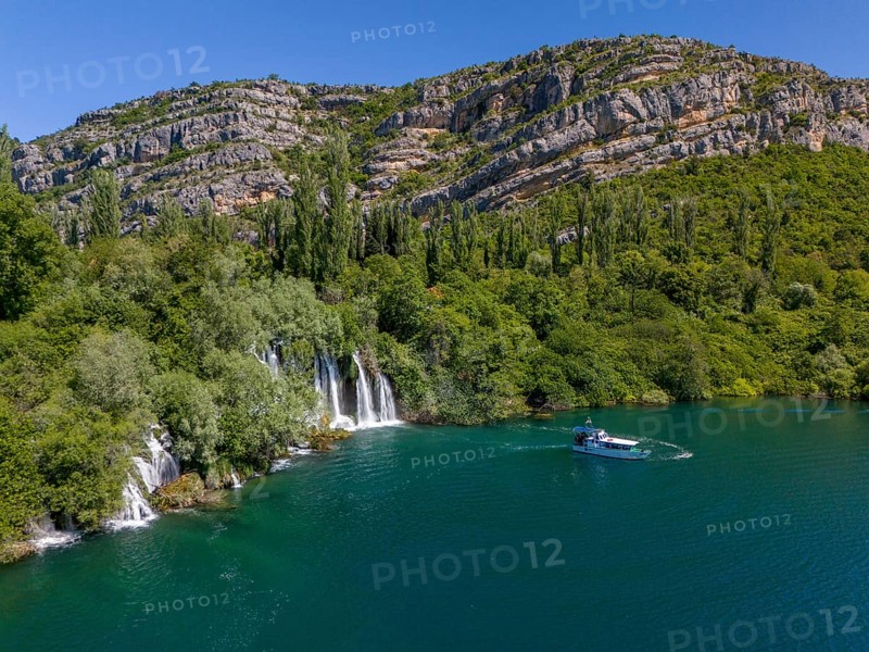 Roski Waterfall, Roski Slap, tourist boat, Krka National Park, Krka Waterfalls, Dalmatia, Croatia, Europe