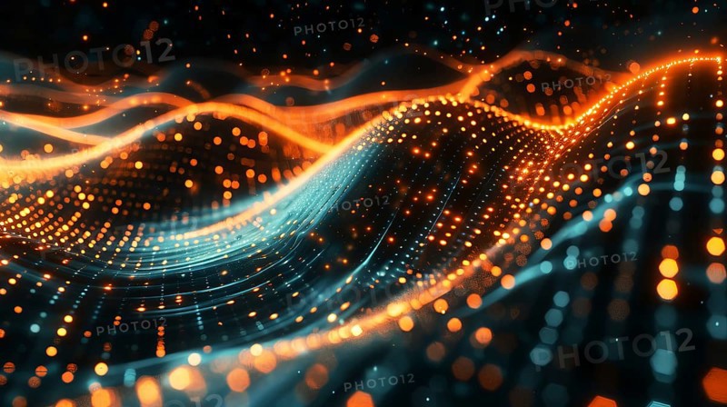 Futuristic digital abstract image with glowing wave composed of orange and blue particles, AI generated