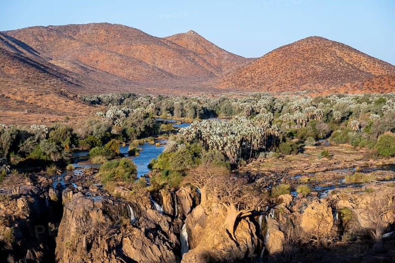 Kunene River with green vegetation in dry red mountain landscape, waterfall and African Baobab (Adansonia digitata), in the evening light, Epupa Falls, Kunene, Namibia, Africa