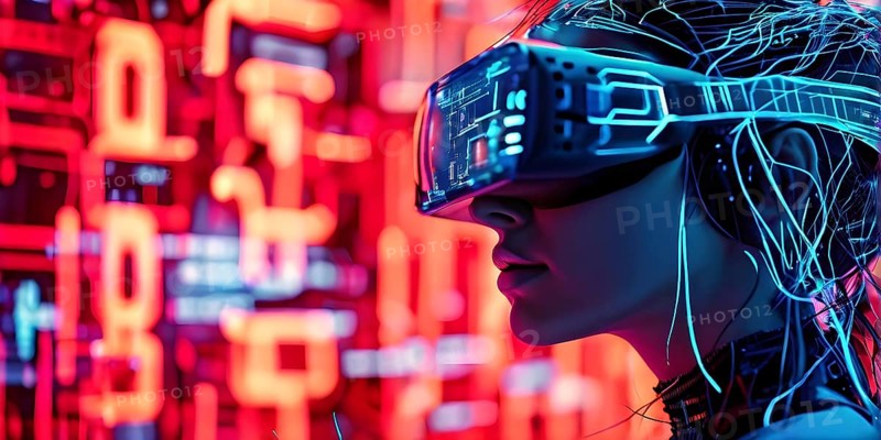 Portrait of a woman with data goggles displaying intricate streams of digital information against digital background, AI generated