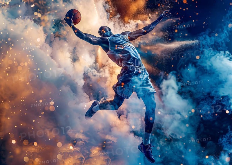 Basketball player jumping in the air with a basketball ready to slam dunk, AI generated