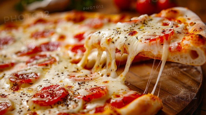 Slice of pepperoni pizza with melting cheese and herbs on a wooden board, AI generated