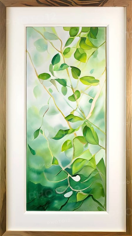 Abstract digital painting embodying sustainability with intertwining leaves glisten with water droplets, AI generated