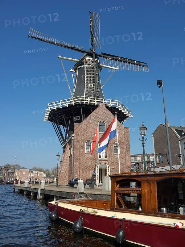 A traditional windmill with a Dutch house in the foreground, next to a quiet canal, Haarlem, Netherlands