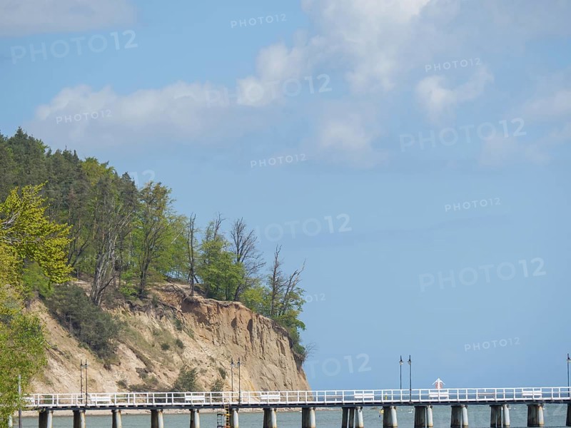 A long bridge stretches along high cliffs and flows into the sea, spring on the Baltic Sea beach in Poland with green trees, sopot, poland