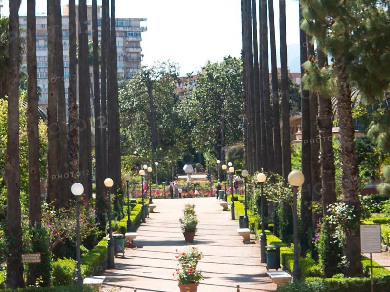 A quiet park avenue with symmetrically arranged trees and green bushes, residential buildings in the background, palermo in sicily with an impressive cathedral, monuments and old houses with balconies, palm trees and flowers in italy, palermo, sicily