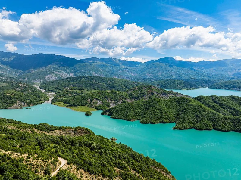 Bovilla Lake and Mountains from a drone, Bovilla Reservoir, Tirana, Albania, Europe