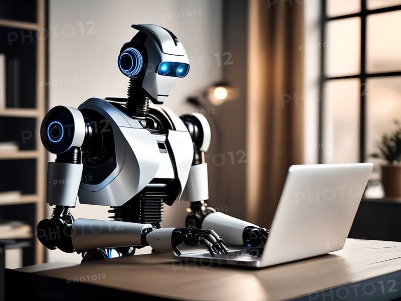 Android, robot writing on a laptop in the home office, symbolic image artificial intelligence replaces human labour, AI generated, AI generiert, AI generated