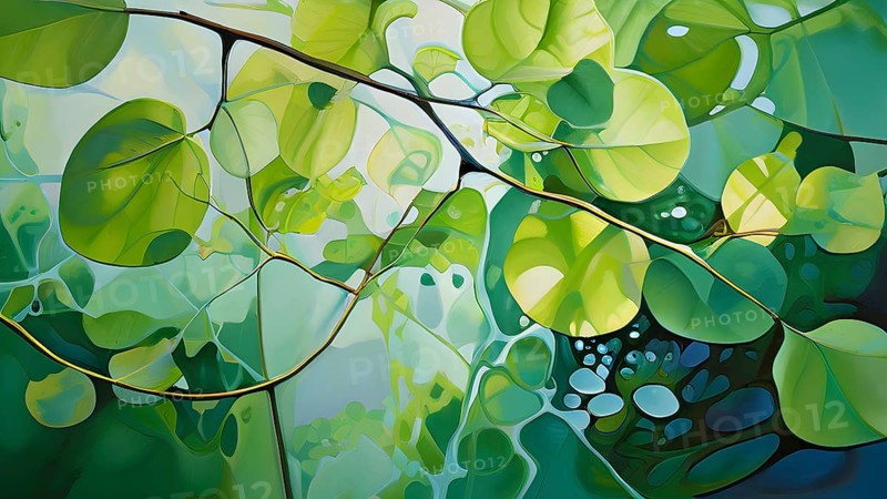 Abstract digital painting embodying sustainability with intertwining leaves glisten with water droplets, AI generated