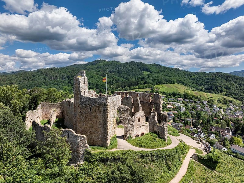 Aerial view of Staufen Castle, on a vineyard, Schlossberg, Staufen im Breisgau, Markgraeflerland, Black Forest, Baden-Wuerttemberg, Germany, Europe