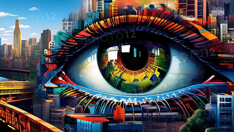 Illustration mosaic collage of an abstract detailed eye morphing into urban cityscape, AI generated