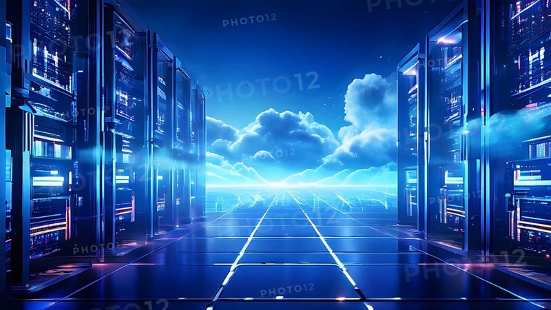 Server racks aligned in rows within a cloud computing data center background and data streams flowing, AI generated