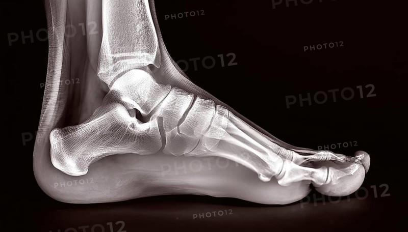 Side view of a foot, shown in an X-ray image with clearly recognisable bone structures, AI generated, AI generated