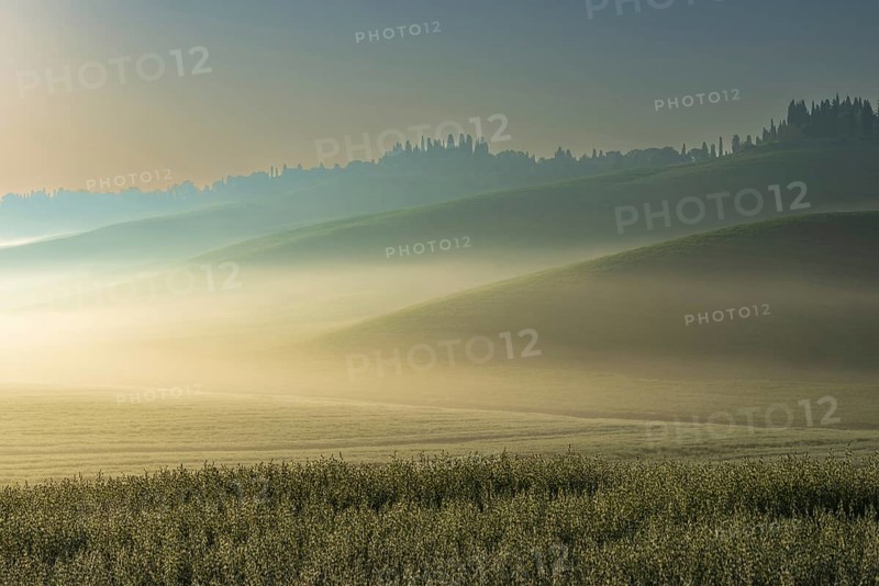 Sunrise in the Crete Senesi, Province of Siena, Tuscany, Italy, Europe