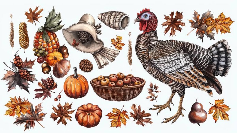 An embellished turkey amidst autumn leaves, pumpkins, a basket of apples, and harvest symbols, AI generated