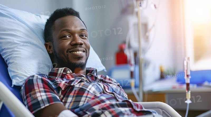 Black patient in the hospital waiting for doctor visit him and check his health status, AI generated