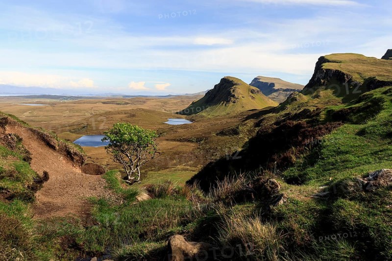 A wide view of a hilly landscape with a path, small lakes and green grass under a clear sky, Quiraing