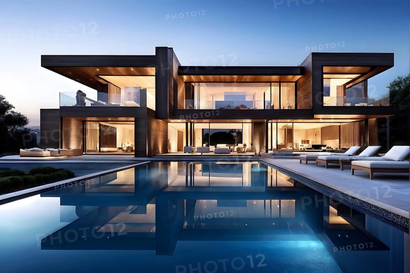 Luxurious wooden house with swimming pool reflecting the opulence of billionaires nestled in sumptuous surrounding, AI generated