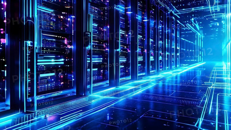 Server racks aligned in rows within a cloud computing data center background and data streams flowing, AI generated