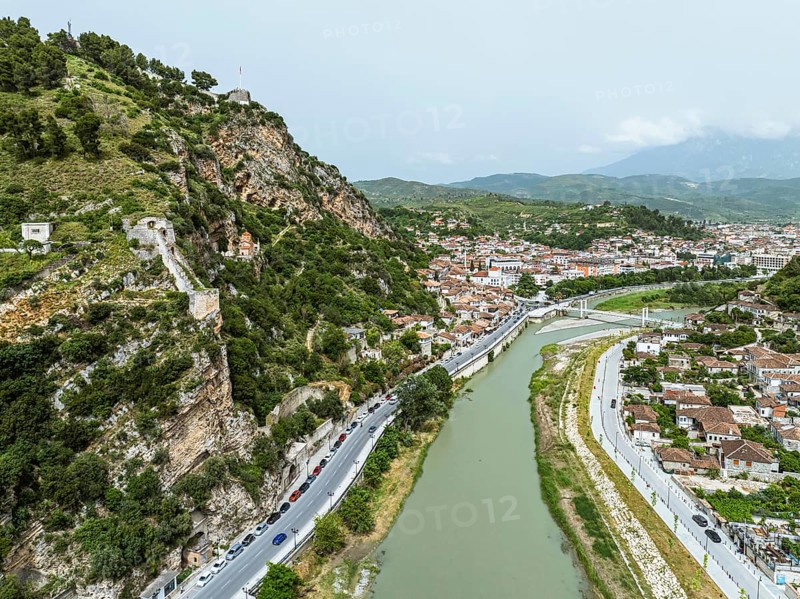Berat from a drone, Osum River, Albania, Europe